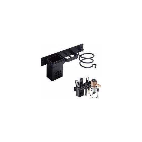 Supporto universale per asciugacapelli con vassoio portaoggetti, montaggio a parete in alluminio per asciugacapelli e piastre, completo di accessori e componenti per il bagno, colore nero. - Crezuo
