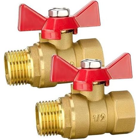 Lot de 2 robinets à boisseau sphérique en laiton 1/2" avec poignée papillon rouge DN15 avec poignée papillon 1/2" IG x 1/2" AG Vanne d'arrêt en laiton pour conduite d'eau robinet (1/5)