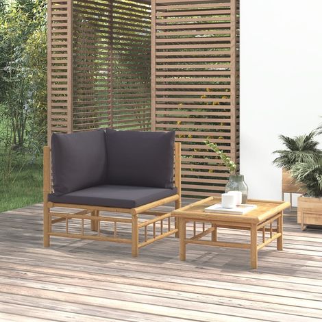 2 pcs Salon de jardin, Ensemble table et chaises de jardin, Meuble de jardin avec coussins gris foncé bambou MKW376502 (1/5)