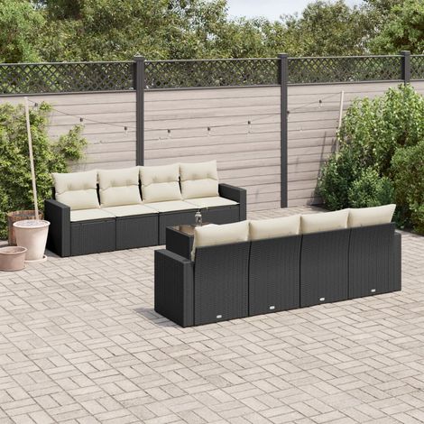 Salon de jardin 9 pcs en résine tressée noire avec rangement et coussins blanc crème - PANGIVO (1/3)