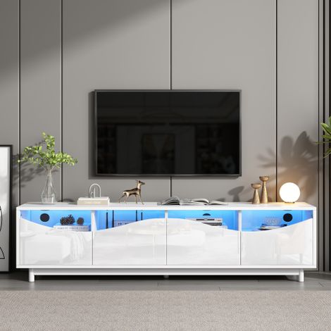 Meuble TV incurvé, blanc brillant, porte en verre trempé, éclairage LED, idéal comme meuble multimédia, chambre ou salon, 175 x 38 x 51 cm (1/5)