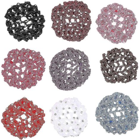 Lot de 9 filets de protection pour nœuds de cheveux, ornés de strass, couleurs assorties.