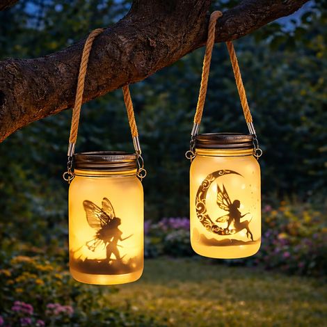 Solar Fairy Jar Lights Set of 2 Solar Mason Jar Lantern Lights with Fairy Silhouette Outdoor Garden Hanging Jar Lights (1/5)