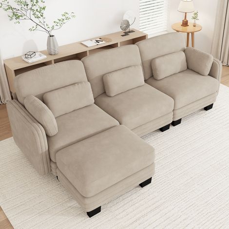 Divano angolare modulare 3 posti con ottomana, ciniglia, 253 x 143 cm, marrone chiaro REDOM (1/5)