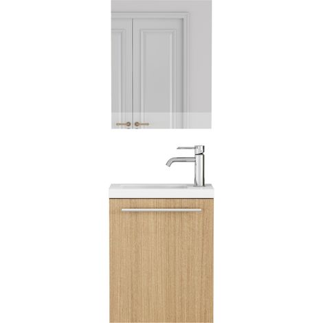 Mueble de baño suspendido con lavabo cerámico y espejo, MDF color roble, 40 x 25 x 48 cm (1/5)