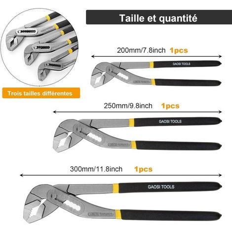 Lot de 3 Pince Multiprise Réglable, Pinces Pour Pompe à Eau 200mm/250mm/300mm - Acier au Chrome Vanadium - Traitement Antirou