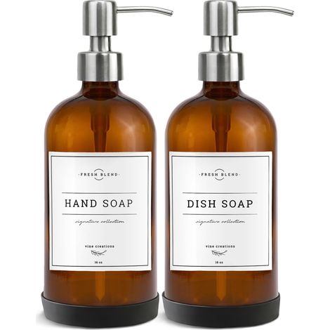 Lot de 2 distributeurs de Savon en Verre ambré, Bouteilles épaisses de 473,6 g avec Pompe en Acier Inoxydable antirouille, Pot Vintage Moderne et Rustique, Accessoires de Salle de Bain (1/5)