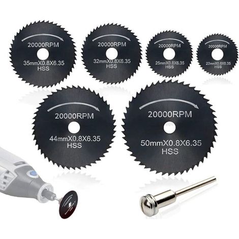 7pc HSS lames de scie outil rotatif, (Acier de nitruration) circulaire Disques de lame de scie, (disque à tronçonner en bois) pour Outil rotatif Mandrin avec tige d'extension 1/8"(3.175mm)