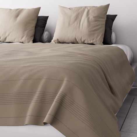 Soleil D Ocre – Jeté de lit 220x240 cm taupe – Coton recyclé mélangé – Fines rayures ton sur ton – Entretien facile lavage à froid