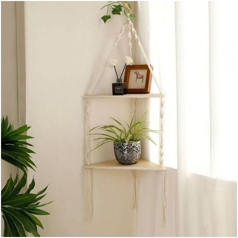 Étagère d'angle murale en macramé - Étagères d'angle flottantes blanches à 2 niveaux, style bohème, étagère de rangement rustique en bois pour plantes (1/5)