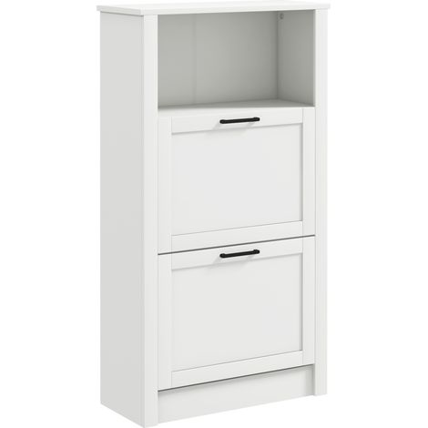 Modern Shoe Cabinet with 2 Flip Drawers and Adjustable Shelves, Narrow Shoe Storage Cabinet with Open Compartment, Holds 10 Pairs for Entryway, Hallway, White