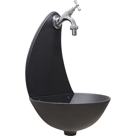 Fontana a muro modello Luna colore grigio ghisa per casa e giardino con rubinetto in ottone cromato