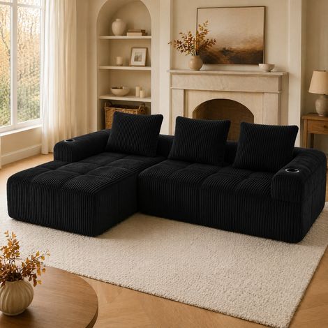 Divano modulare 253x158x61 cm, combinabile DIY, tasche laterali e portabicchieri, in corduroy nero (1/5)