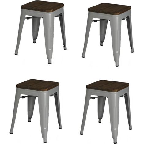 Lot de 4 tabourets en métal et bois "Liv" - Gris clair - H 46 x L 39 x P 39 cm - Livraison gratuite (1/3)