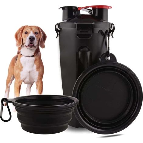 Borraccia per cani, contenitore per acqua e cibo per animali domestici con 2 ciotole pieghevoli, da viaggio e da passeggio (nero)