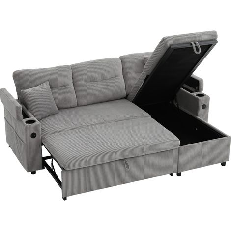 CHICFURN Sofá chaise longue convertible 212,5x136x86 cm de pana gris claro con almacenaje y USB-C (1/5)