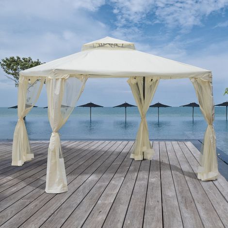 Cenador de Jardín 3x3 m Pabellón de Exterior con Doble Techo de Ventilación 4 Cortinas Mosquiteras Laterales con Cremallera 8 Orificios de Drenaje Gazebo para Fiestas Patio Crema (1/5)