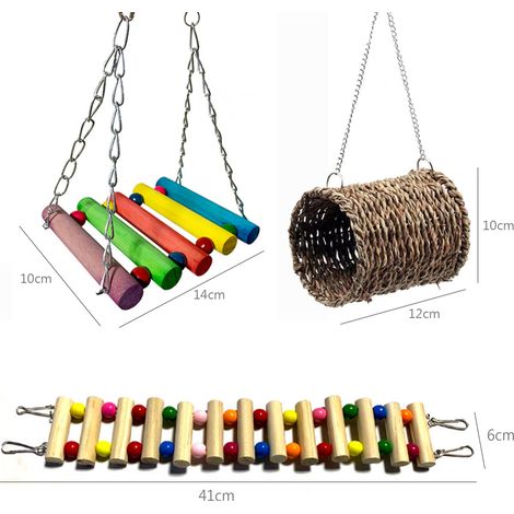 Lot de 3 jouets pour oiseaux perroquets : échelle en bois, balançoire, nid en herbe naturelle tressée, jouet suspendu pour petites perruches, calopsittes, conures, aras et autres perroquets. Accessoir (1/3)