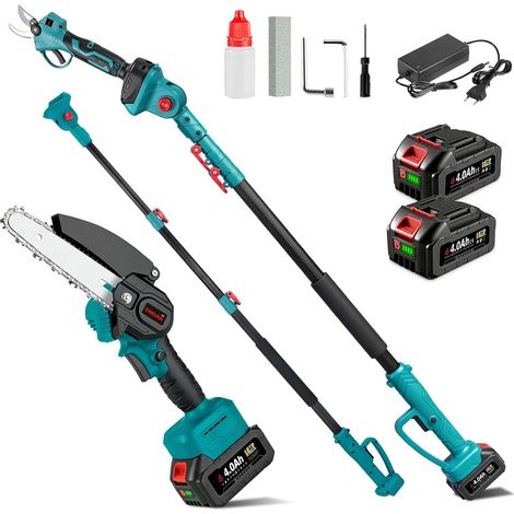 4-in-1 Cordless Telescopic Pole Pruner with 2 Batteries 15 cm Chainsaw, 25 mm Secateurs, 2.6 m Pole, 180° Swivel Head, Brushless Motor, SK5-Blades, Height Pruning, Garden (1/5)