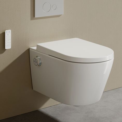 HOROW Inodoro inteligente japonés suspendido, con control remoto, presión de agua ajustable, ducha, luz nocturna - paquete básico 59,3 x 37 x 35,2 cm