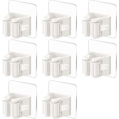 8 x White Adhesive Broom Holder Wall Mounted Broom Holder without Drilling Wall Sticker for Garage, Kitchen, Garden, Bathroom (1/5)