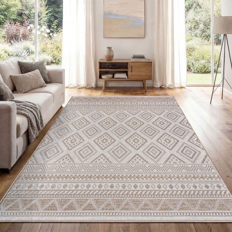 Paco Home Alfombra Exterior Interior Balcón Terraza Cocina Motivo Boho Étnico Moderno 60x100 cm, Beige 2