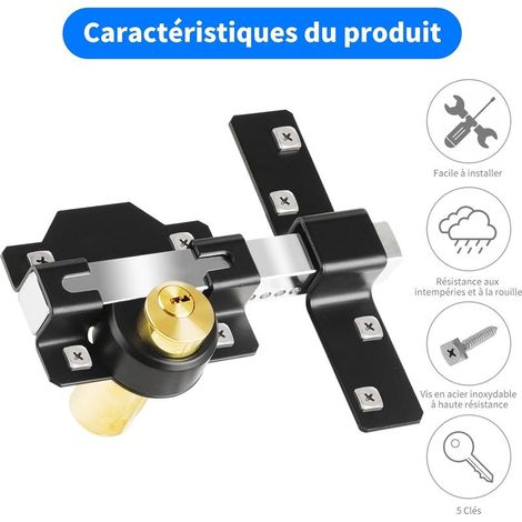 Verrou de portail longue portée 70 mm en acier inoxydable – Double verrouillage pour portails en bois, 5 clés