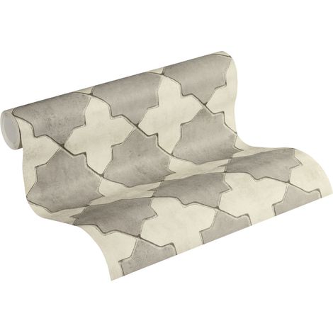 Papier peint gris et blanc style marocain Tapisserie carrelage grise & blanc salon & chambre Papier peint cuisine & salle de bain (1/5)