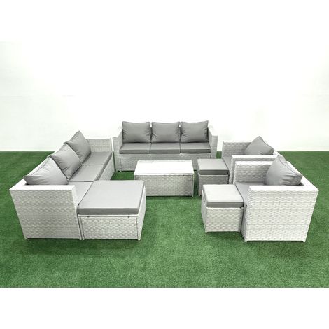 Fimous Outdoor Rattan Sofa Garden Furniture Set with 2 Armchairs Oblong Coffee Table 3 Footstools Light Grey Mixed (1/5)