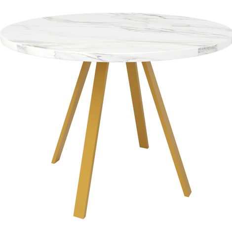 Table à manger ronde blanche effet marbre 80x80x75 cm avec pieds dorés en métal (1/5)