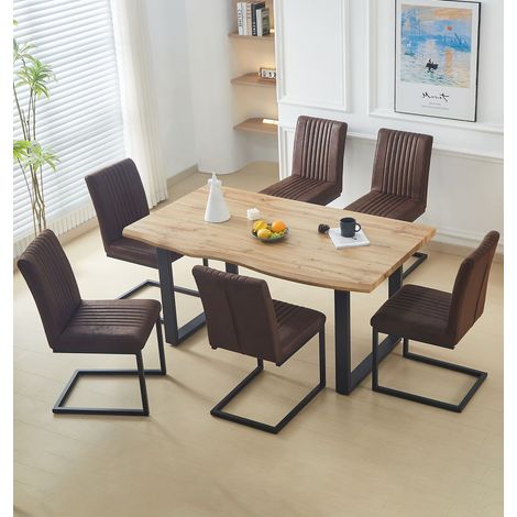 Hallowood Furniture Cullompton Wooden Dining Table and Chairs Set 6, Live Edge Effect Rectangular Kitchen Table with U Shaped Legs and Brown Chairs, Dining Room Sets for Home or Cafe (1/5)