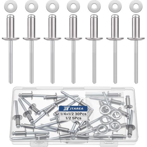 6,4 x 12,7 mm Rivets Aveugles en Acier Inoxydable avec Rondelle Rivets Pop Tete Large Rivet Pop à Extrémité Ouverte (Paquet de 35) (1/5)