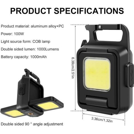Lampe Torche COB - 1000 Lumens - Réglable - Étanche - Rechargeable USB - Porte-Clés - Lot de 2 (1/5)