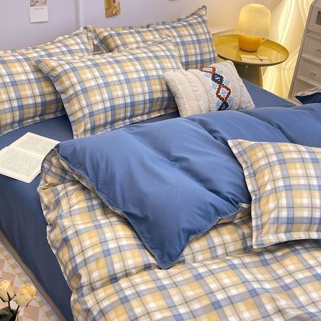 Kit di 4 pezzi per biancheria da letto lavabile in lavatrice – Copripiumone 180x220 cm + 2 federe 65x65 cm + coprimaterasso 180x200 cm – In morbido cotone, color giallo limone vivace, ideale per stude