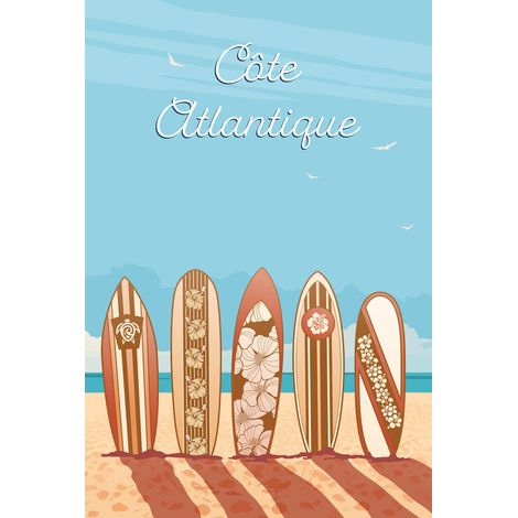 Tableau sur toile illustration surfs côte Atlantique 30x45 cm - Impression sur Toile Murale Décorative - Image imprimée en HD sur Toile - Toile sur Châssis en Bois FSC - Fabriqué en France (1/5)