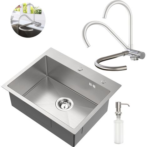 Fregadero de cocina de acero inoxidable + grifo de cocina abatible, 55 × 45 CM Fregadero empotrado con dosificador de jabón, grifo de fregadero con ventana frontal, cepillado (1/5)