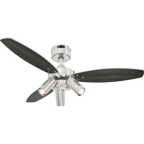 72290 Jet Plus Three-Light 105 cm ventilatore a soffitto per interni a tre pale, finitura in nichel spazzolato con faretti, Finitura in nichel spazzolato , pale in wengé/argento