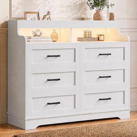 Commode à 6 tiroirs, buffet, armoire multifonction, armoire de couloir avec LED, buffet, armoire de cuisine avec port de charge USB, buffet, armoire de rangement, blanc (1/5)