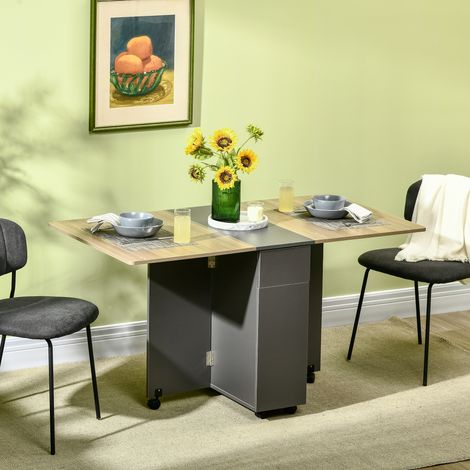 Klappbarer Esstisch aus Spanplatte mit 2 Schubladen und 1 Schrankfach, bietet Platz für bis zu 6 Personen, 140 x 76 x 76 cm