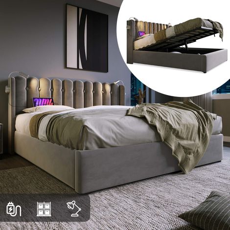 Lit double 140x200 cm en velours gris avec tête de lit lumineuse, ports de charge USB et coffre de rangement (1/5)