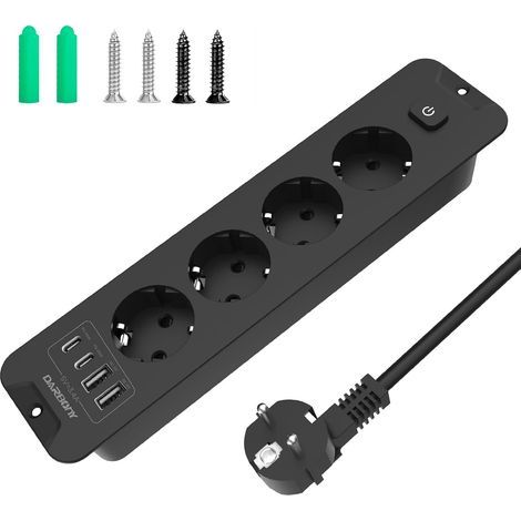 Recessed Power Strip, 4 Outlets, 2 USB-A, 2 Type-C, Switch, 4000W, 2m Cable, Office, Kitchen (1/5)