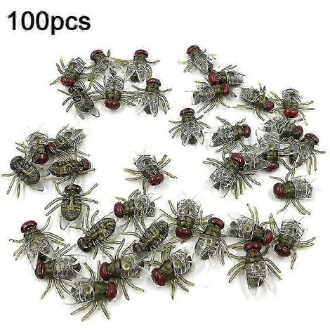 100 mouches en plastique réalistes, insectes simulés, jouet de farce d'Halloween (doré). (1/5)