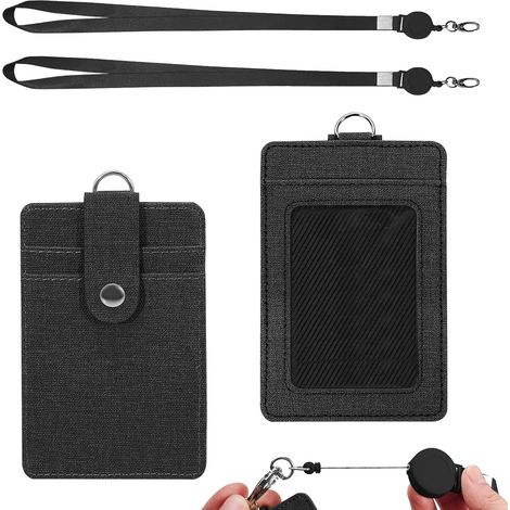 Badge Holder with Retractable Lanyard, 3 Vertical Leather ID Card Holder, Easy Slide Badge Holder for Work, Keys, Access Cards, Name Badges (2 Pack) (Black) (1/5)