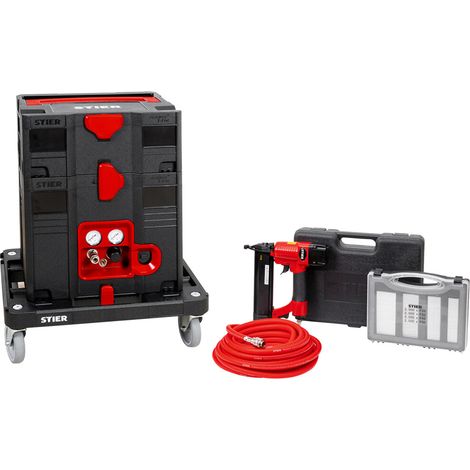 STIER Systainer-Kompressor-Set, inkl. Systainer II T-Loc, Rollbrett + Druckluftnagler und Stauchkopfnägeln, 6-teilig (1/5)