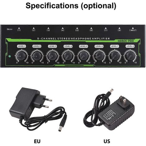 Amplificateur de casque stéréo 8 canaux avec adaptateur secteur 12 V CC, prise jack 6,35 mm. (1/4)