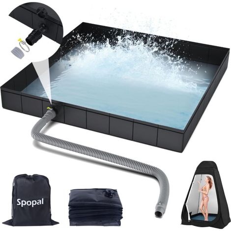 Pliable Base de Douche,[Pliable-104x104x13cm] Bac de Douche Portable,Base de Douche Pliable et Sol de Lavabo avec Tuyau de Vidange Amovible, pour Camping-Car, Extérieur, Intérieur (Noir)