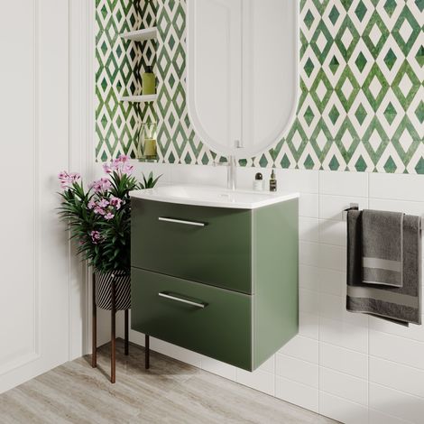Nuie Arno Satin Green 600mm Wall Hung 2 Drawer Vanity Unit and Curved Ceramic Basin - ARN824G (1/5)
