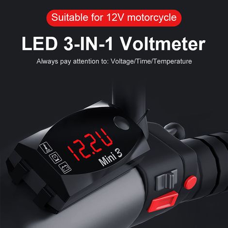 Zoternen 3-in-1-Motorradmessgerät, LED-Digitaluhr, Thermometer, Voltmeter, Spannung, wasserdicht, Batterieüberwachung, Messgerät, 6–30 V für Auto, Boot