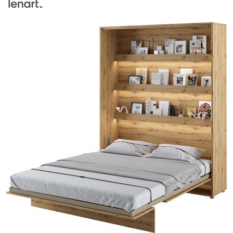 Bim Furniture – Lit escamotable 160x200 cm – Vertical en chêne artisanal – Mécanisme pneumatique moderne – Charge maximale 200 kg