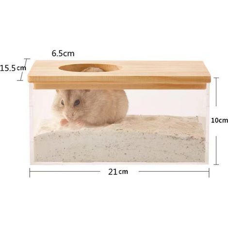 Boîte de bain-douche de sable pour Hamster, pièce transparente pour petits animaux, accessoires grand modèle carré en bois massif (1/5)